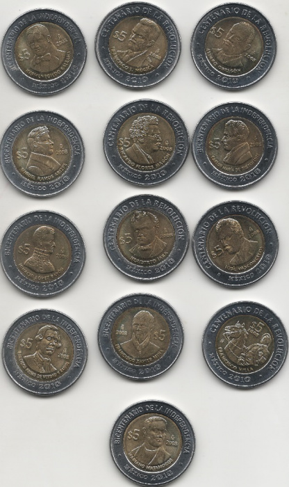 (2010, 13 монет по 5 песо) Набор монет Мексика 2010 год &quot;Герои революции&quot;   UNC