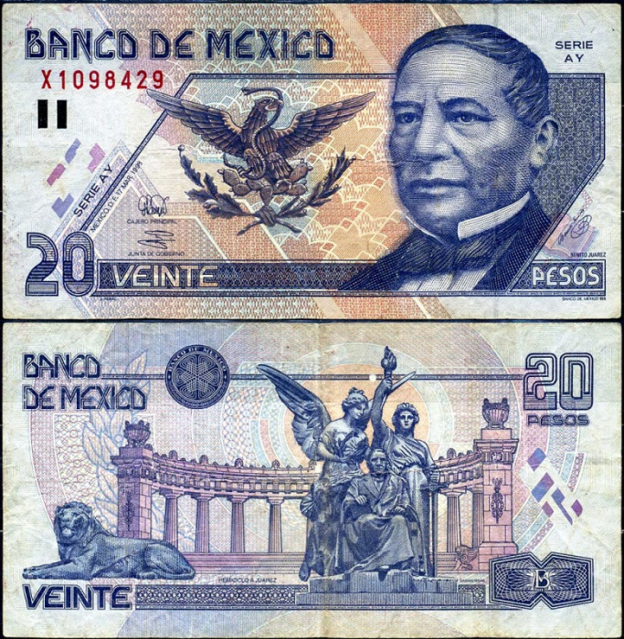 (1999) Банкнота Мексика 1999 год 20 песо &quot;Бенито Хуарес&quot;   VF