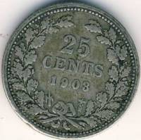 () Монета Нидерланды (Голландия) 1901 год 25  ""   Биметалл (Серебро - Ниобиум)  UNC
