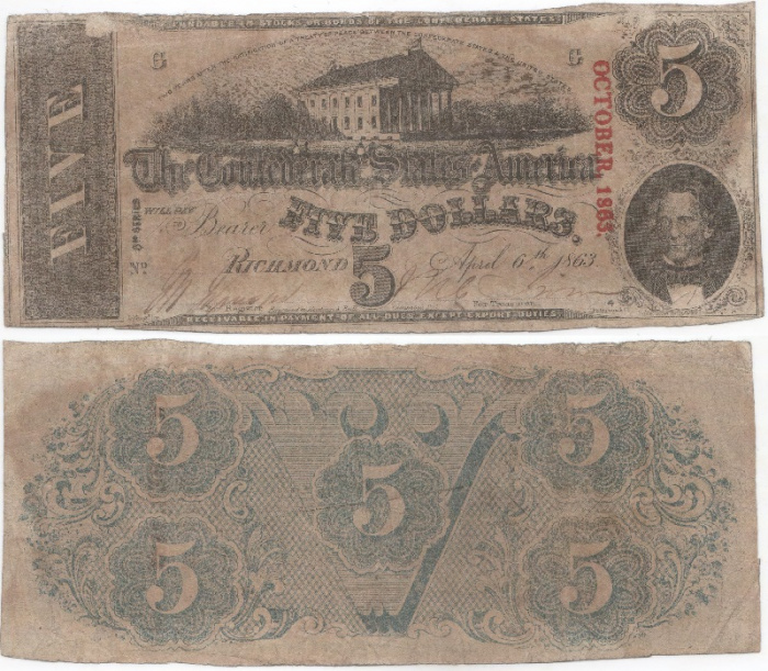 (1863) Банкнота США (Конфедеративные Штаты Америки) 1963 год 5 долларов &quot;Ричмонд&quot;   F
