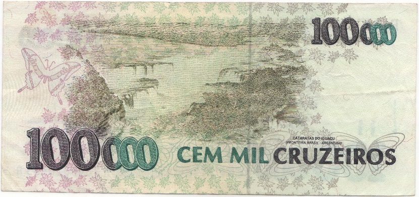 (1993) Банкнота Бразилия 1993 год 100 крузейро реал &quot;Надп на 100000 крузейро 1992-93&quot;   XF