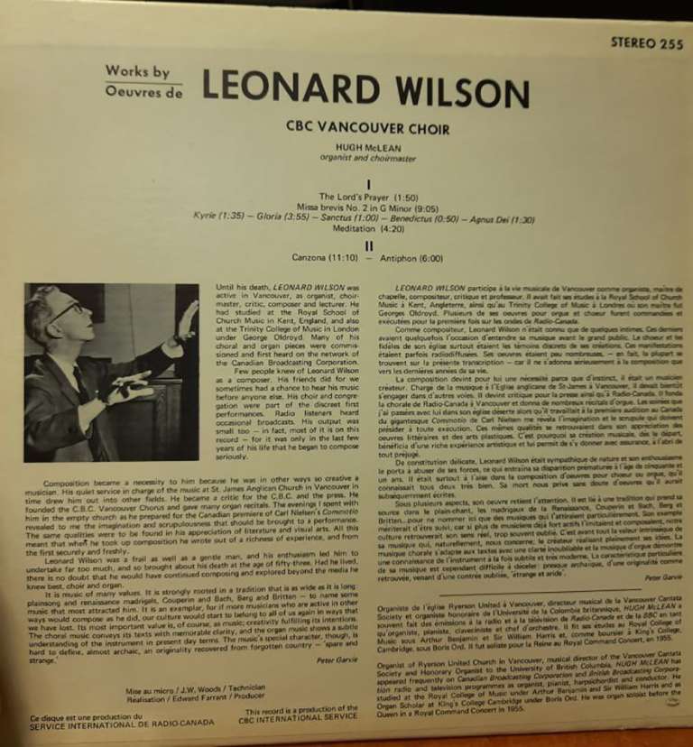 Пластинка виниловая &quot;Leonard Wilson. CBC Vancouver choir&quot; Стерео 300 мм. (Сост. отл.)