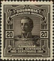 (№1910-232) Марка Колумбия 1910 год "Франсиско де Пауло Сантандер 17921840", Гашеная
