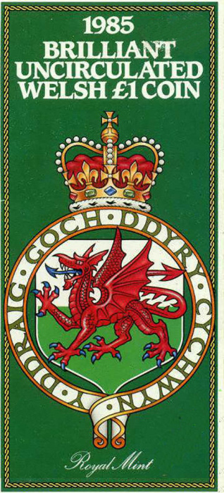 (1985) Монета Великобритания 1985 год 1 фунт &quot;Валлийский дракон&quot;  Латунь  Буклет