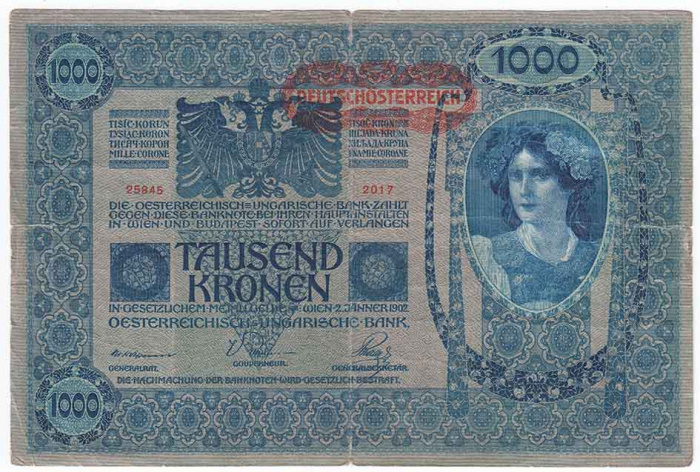 (1919) Банкнота Австро-Венгрия 1919 год 1 000 крон &quot;Горизонт надпечатка на боне 1902 года&quot;   VF