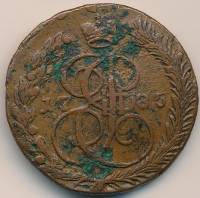 (1785, ЕМ) Монета Россия 1785 год 5 копеек "Екатерина II" Орёл 1778-1788 гг. Медь  F