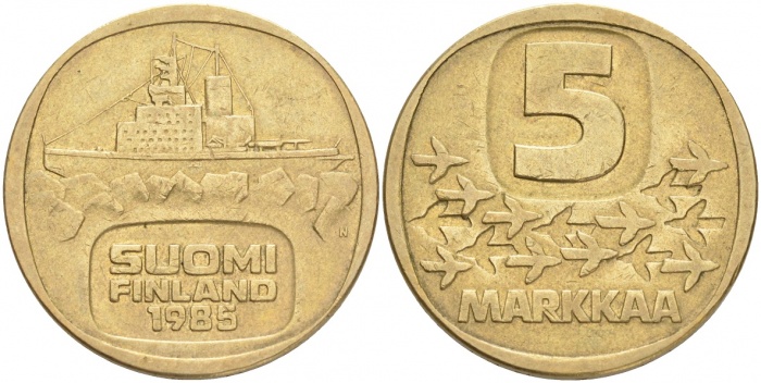 (1985) Монета Финляндия 1985 год 5 марок &quot;Ледокол Урхо&quot; Латунь  XF