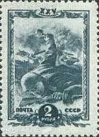 1943-40  Марка СССР Боец с гранатой  25 лет ВЛКСМ II Θ