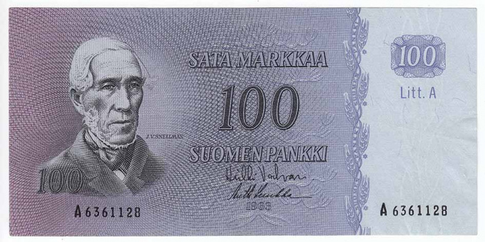 (1963 Litt A) Банкнота Финляндия 1963 год 100 марок &quot;Юхан Снельман&quot; Valvanne - Luukka  XF