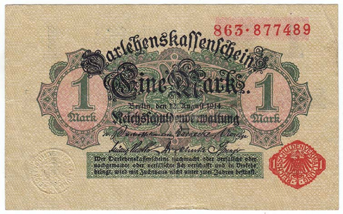 (1914) Ссудный чек Германия 1914 год 1 марка    XF