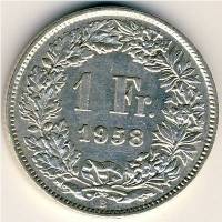 (1958) Монета Швейцария 1958 год 1 франк   Серебро Ag 835  UNC