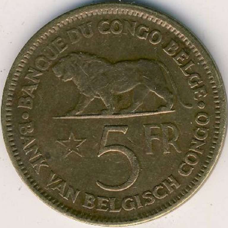 (1936) Монета Бельгийское Конго 1936 год 5 франков &quot;Леопольд III&quot;  Бронза  XF