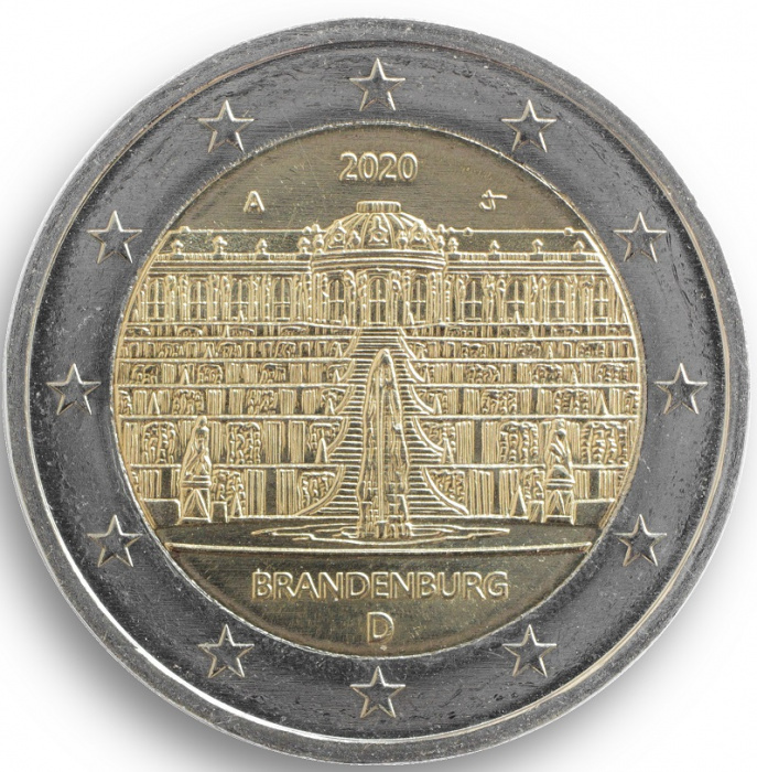 (023) Монета Германия (ФРГ) 2020 год 2 евро &quot;Бранденбург&quot; Двор A Биметалл  UNC
