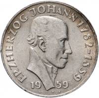 (1959) Монета Австрия 1959 год 25 шиллингов "Эрцгерцог Иоганн Австрийский"  Серебро Ag 800  UNC