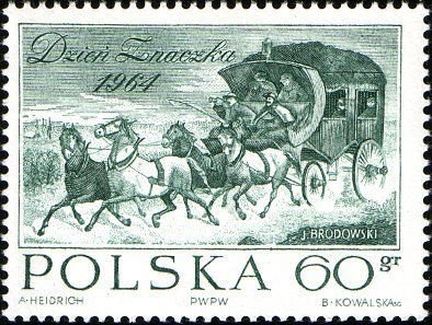 (1964-073) Марка Польша &quot;Дилижанс (Черно-зеленая)&quot; , II Θ