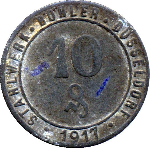 (№1917) Монета Германия 1917 год 10 Pfennig (Частная, Rheinprovinz, Bouml Штальверк)