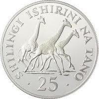 (1974) Монета Танзания 1974 год 25 шиллингов &quot;Жирафы&quot;  Серебро Ag 500  UNC