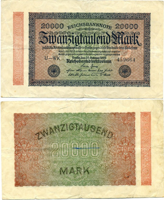 (1923) Банкнота Германия 1923 год 20 000 марок &quot;Вод знак Шарики&quot; 2-й выпуск  VF