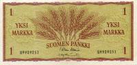 Банкнота Финляндия 1963 год 1 марка Колосья Waris - Tornroth  XF