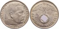 (1939J) Монета Германия (Рейх) 1939 год 5 марок "Пауль Гинденбург"  Свастика Серебро Ag 900  XF