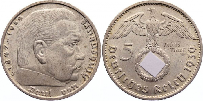 (1939J) Монета Германия (Рейх) 1939 год 5 марок &quot;Пауль Гинденбург&quot;  Свастика Серебро Ag 900  XF