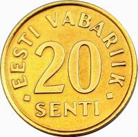 1992 Монета Эстония 1992 год 20 центов  Бронза  XF
