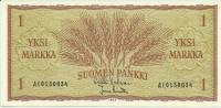 Банкнота Финляндия 1963 год 1 марка Колосья Valvanne - Aranko  XF