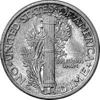 (1943s) Монета США 1943 год 10 центов   Свобода в колпаке с крыльями (Меркурий) Серебро Ag 900  VF