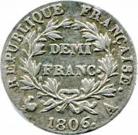 (№1806km671) Монета Франция 1806 год frac12; Franc (Деми - А, И, К, Л, М, М, У)