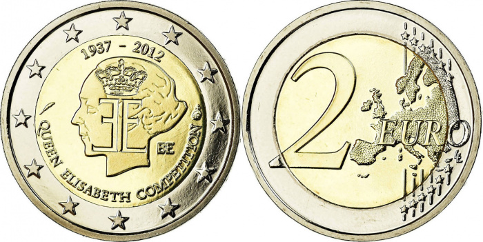 (010) Монета Бельгия 2012 год 2 евро &quot;Музыкальный конкурс королевы&quot;  Биметалл  UNC