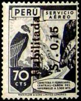 (№1949-466) Марка Перу 1949 год "Марки 1938 overprinetd в черный 15С на 70С", Гашеная