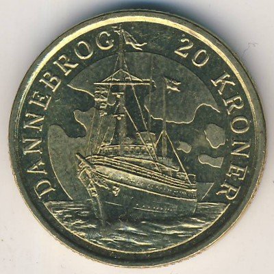 (№2008km928) Монета Дания 2008 год 20 Kroner (Королевская Яхта Даннеброг)