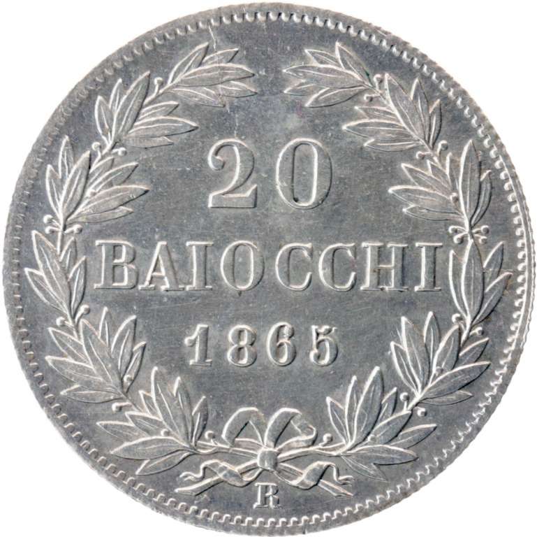 (1865) Монета Ватикан / Папская область 1865 год 20 байокко   Ag 835  XF