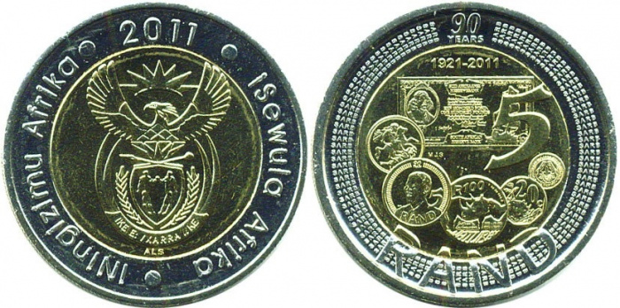 (2011) Монета ЮАР (Южная Африка) 2011 год 5 рандов &quot;Резервный банк 90 лет&quot;  Биметалл  UNC