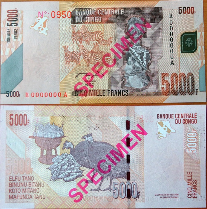 (2005 Образец) Банкнота Дем Республика Конго 2005 год 5 000 франков &quot;Зебры&quot;   UNC