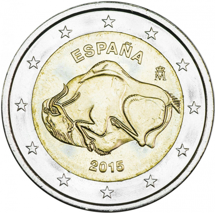 (011) Монета Испания 2015 год 2 евро &quot;Наскальные рисунки в пещере Альтамира&quot;  Биметалл  UNC