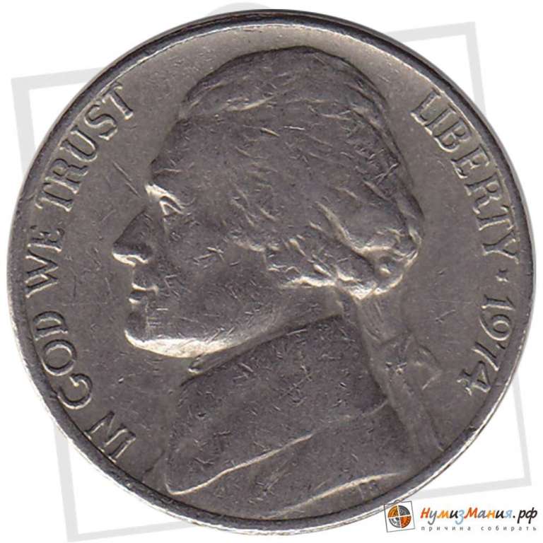 (1974) Монета США 1974 год 5 центов   Томас Джефферсон Медь-Никель  VF