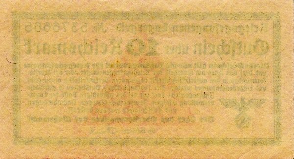 (№1939) Банкнота Германия 1939 год &quot;10 Reichsmark&quot;