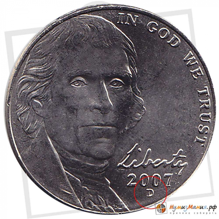 (2007d) Монета США 2007 год 5 центов   Томас Джефферсон анфас Медь-Никель  UNC