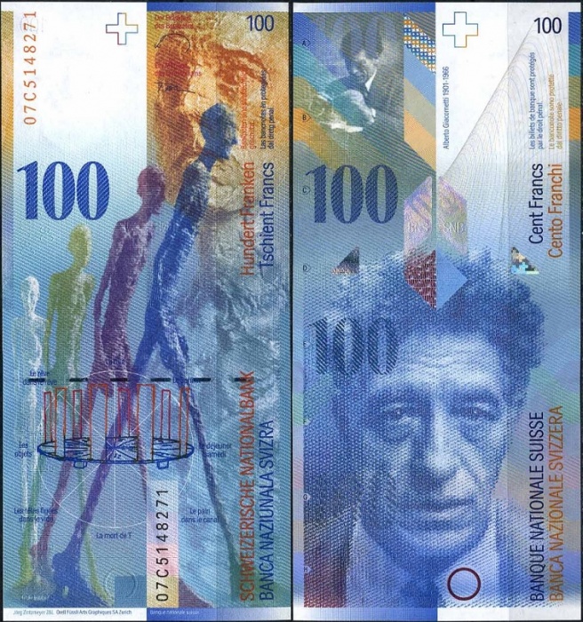 2007 Банкнота Швейцария 2007 год 100 франков Альберто Джакометти Raggenbass - Roth  XF