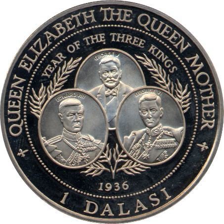 (1996) Монета Гамбия 1996 год 1 даласи &quot;Королева-мать. Год трёх королей&quot;  Медь-Никель  PROOF