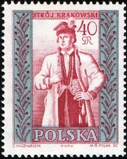 (1960-009) Марка Польша &quot;Краков (Мужской)&quot; Перф греб 11¾:12¼   Национальная одежда I Θ