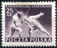 (1954-028) Марка Польша "Фехтовальщики"   2 Всепольская спартакиада №1 II Θ