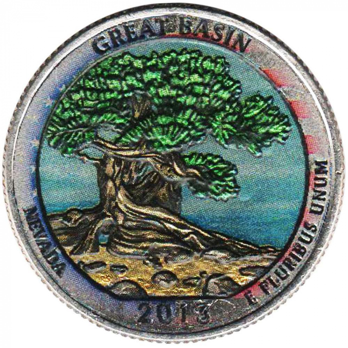 (018p) Монета США 2013 год 25 центов &quot;Грейт-Бейсин&quot;  Вариант №2 Медь-Никель  COLOR. Цветная