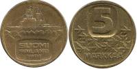 1991 Монета Финляндия 1991 год 5 марок Ледокол Урхо Латунь  XF
