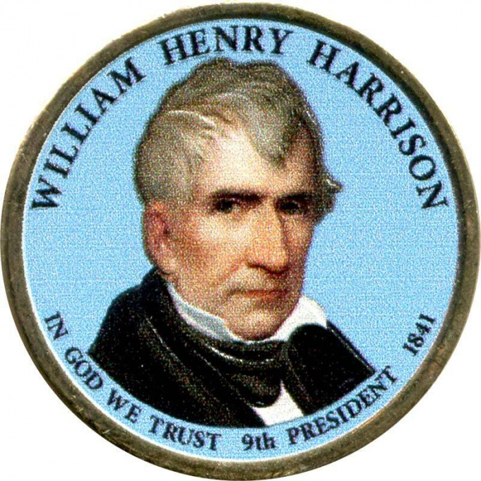 (09d) Монета США 2009 год 1 доллар &quot;Уильям Генри Гаррисон&quot;  Вариант №1 Латунь  COLOR. Цветная