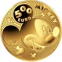 (№2016) Монета Франция 2016 год 500 Euro (Микки Маус на протяжении веков, самолет с ума)