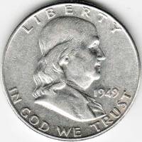 (1949) Монета США 1949 год 50 центов   Бенджамин Франклин Серебро Ag 900  VF