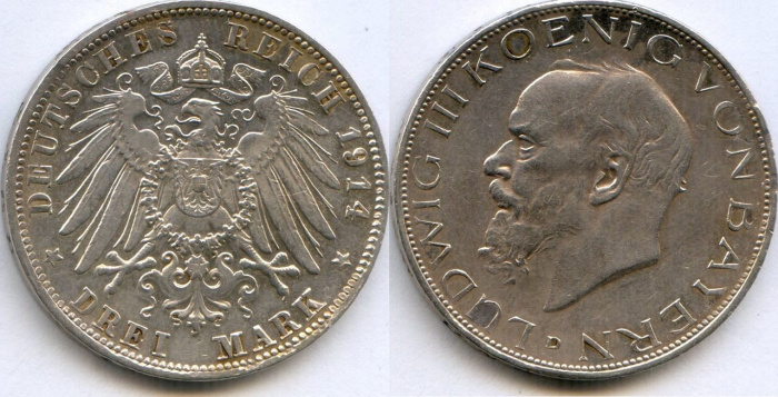 (1914d) Монета Германия (Бавария) 1914 год 5 марок &quot;Людвиг III&quot;  Серебро Ag 900  XF