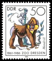 (1986-033) Марка Германия (ГДР) "Мандрил"    Зоопарк, Дрезден III O
